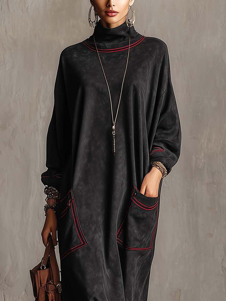 Marielle | Black Suede Maxi Dress with Contrast Red Stitching and Patch Pockets