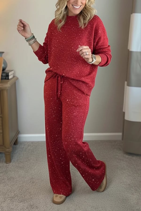 Women's Shiny Casual Set — Two-Piece Round-Neck Trouser Suit