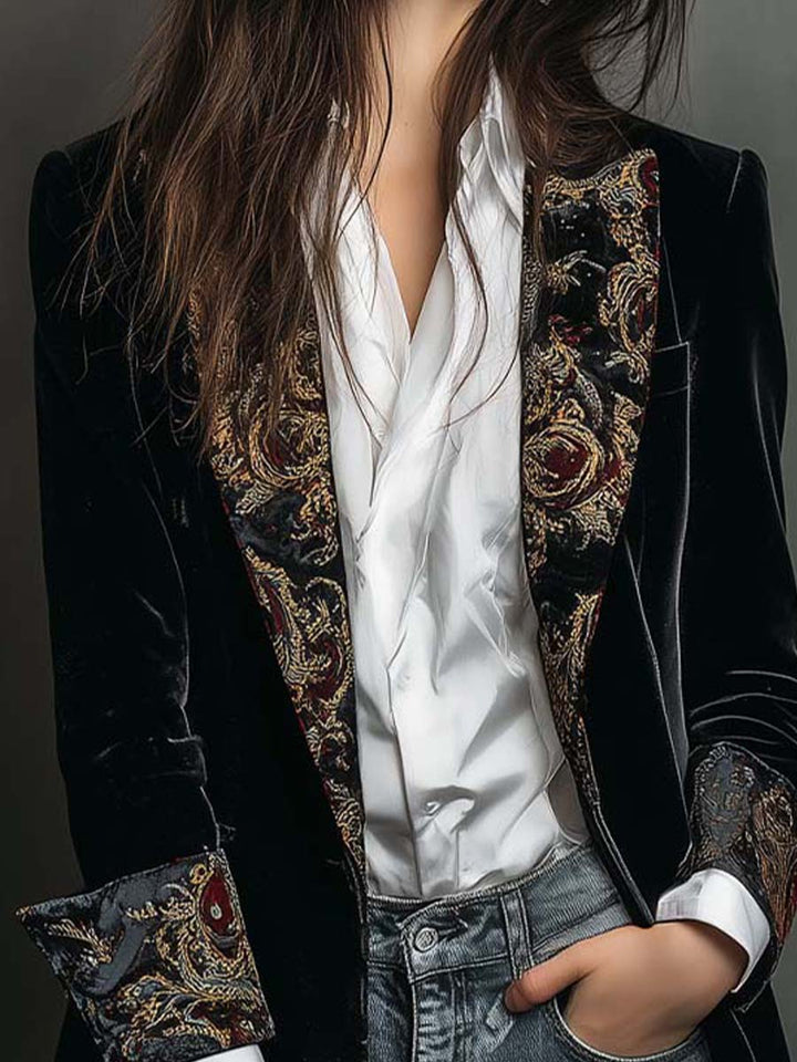 Léontine | Slim Fit Black Baroque Print Blazer