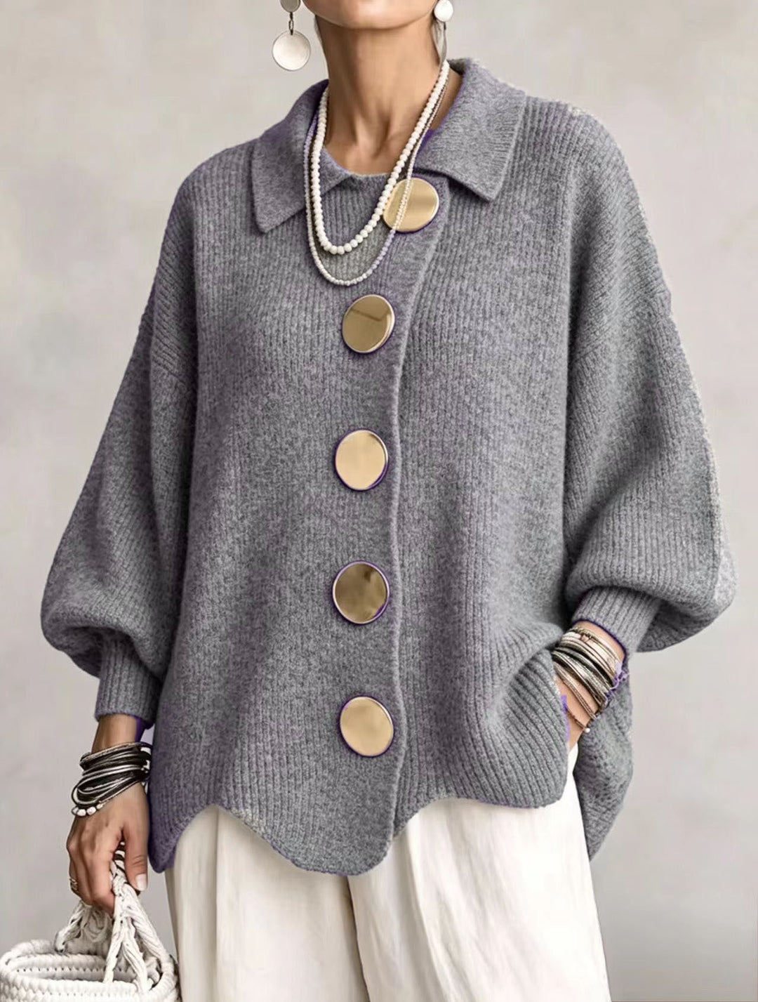 Isadora | Oversized Collared Cardigan with Large Metal Buttons