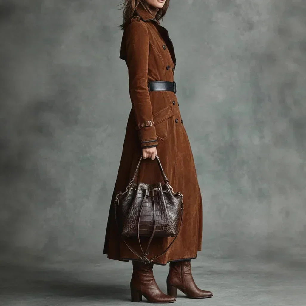 Georgette | Long Belted Suede-Effect Trench Coat