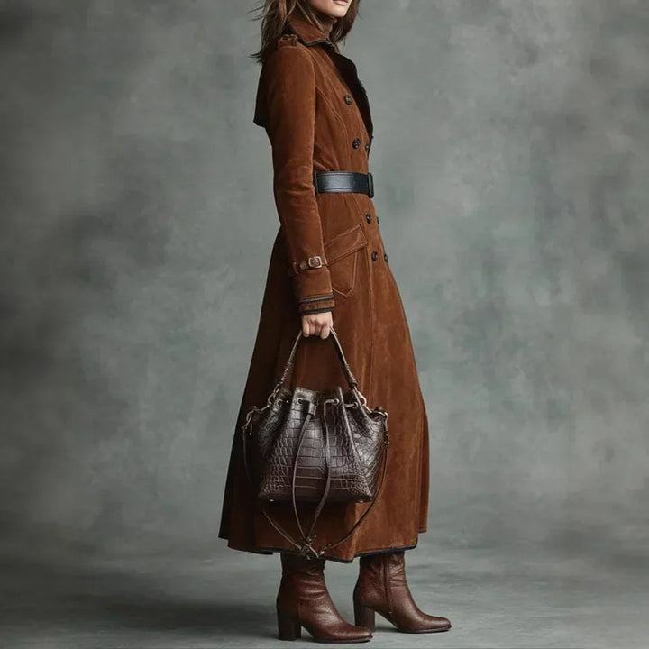 Georgette | Long Belted Suede-Effect Trench Coat