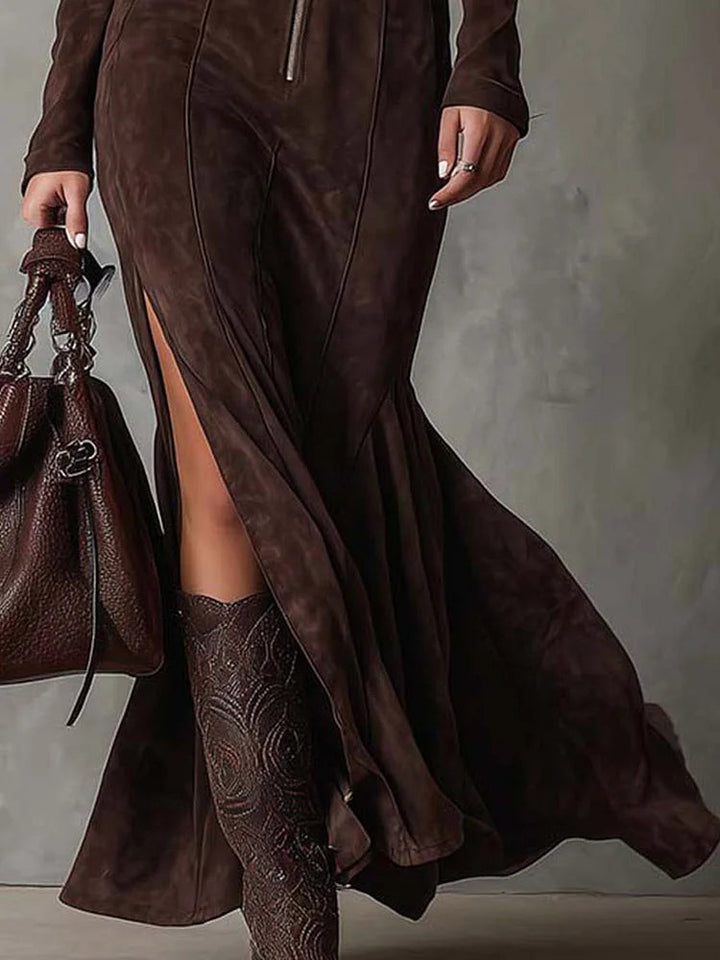 Marceline | Long Belted Brown Dress