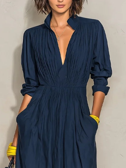 Azurine | Long Navy Pleated V-Neck Dress