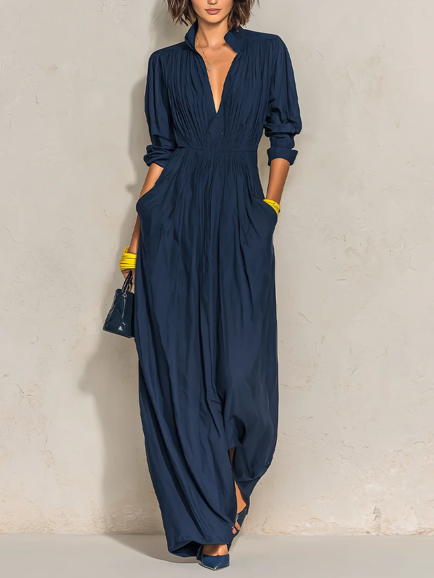 Azurine | Long Navy Pleated V-Neck Dress