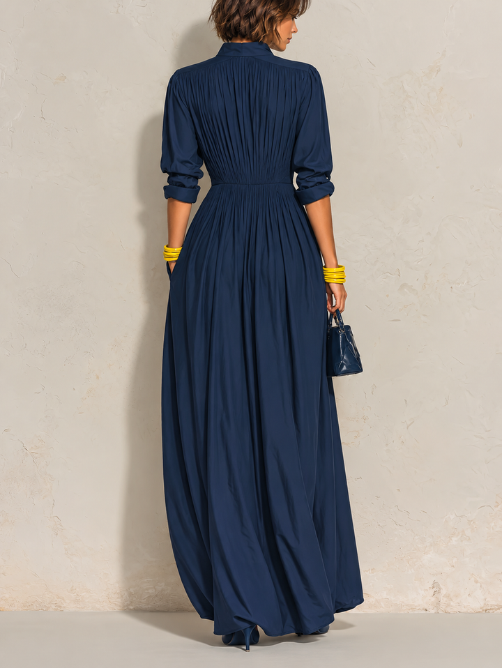 Azurine | Long Navy Pleated V-Neck Dress