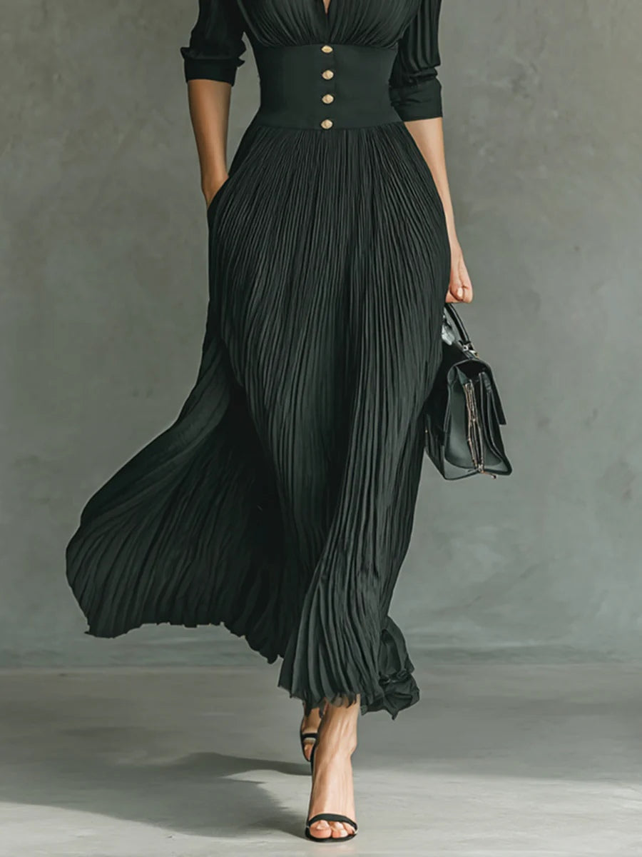 Elvire | Long Pleated Dress with Lapels and High Waist