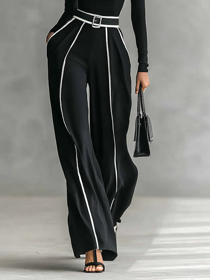 Adèle | High-Neck Set with White Piping and Wide-Leg Trousers