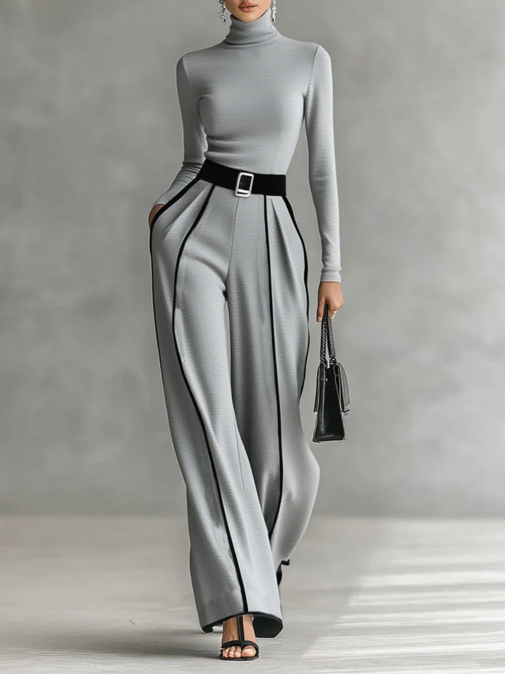 Adèle | High-Neck Set with White Piping and Wide-Leg Trousers