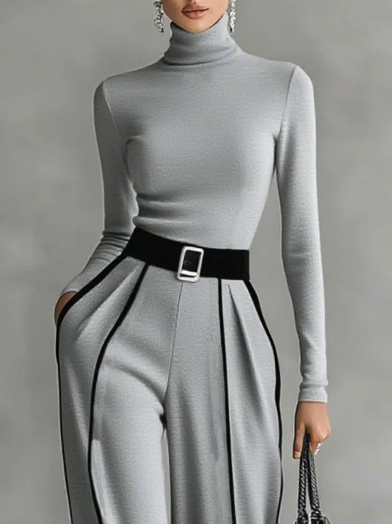 Adèle | High-Neck Set with White Piping and Wide-Leg Trousers