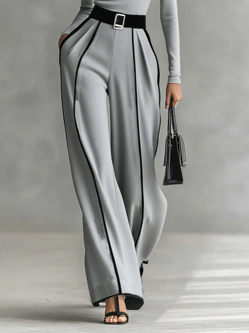 Adèle | High-Neck Set with White Piping and Wide-Leg Trousers