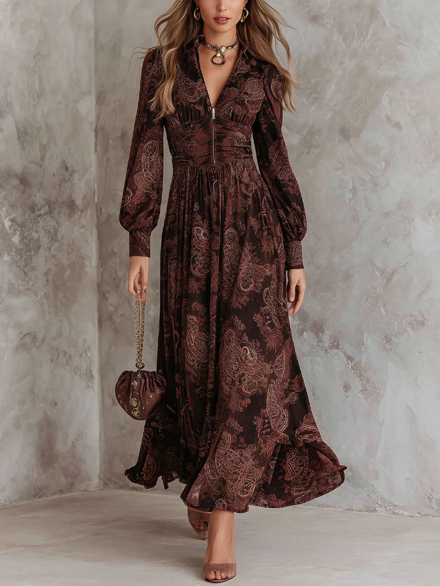 Oriane | High-Waist Zip Maxi Dress in Brown Paisley Print