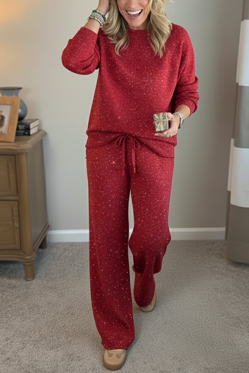 Women's Shiny Casual Set — Two-Piece Round-Neck Trouser Suit