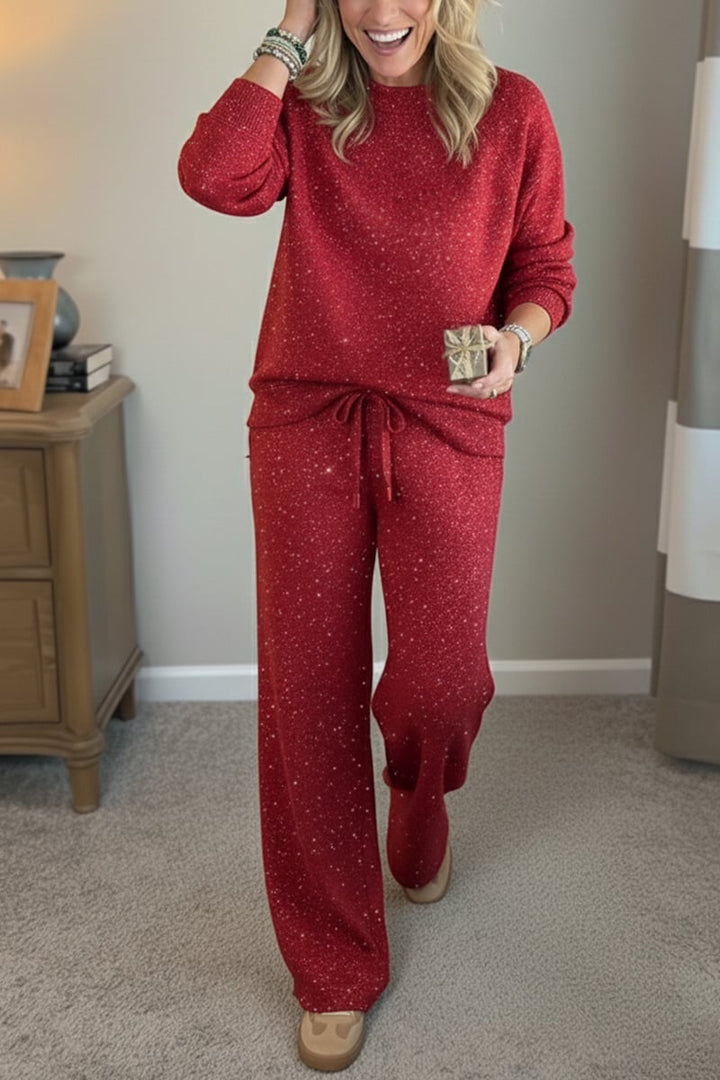 Women's Shiny Casual Set — Two-Piece Round-Neck Trouser Suit