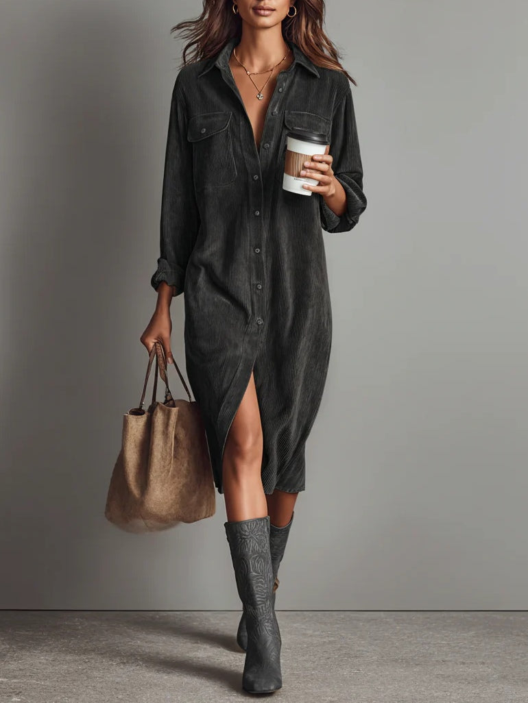 Béatrice | Corduroy Midi Dress with Pockets and Single Button