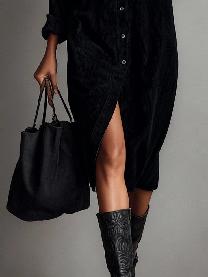 Béatrice | Corduroy Midi Dress with Pockets and Single Button