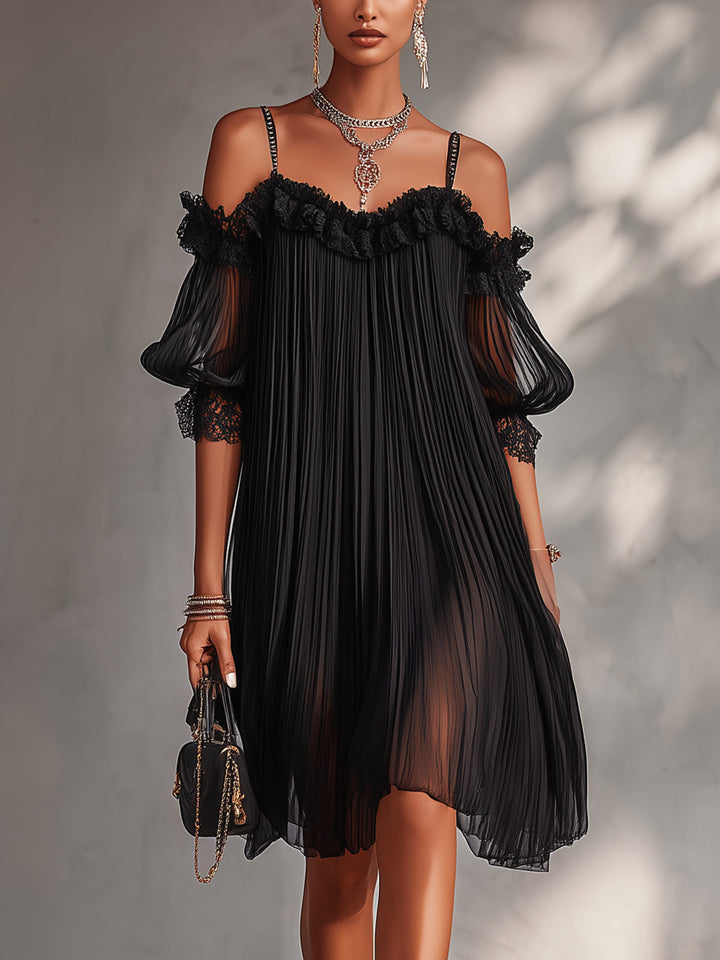 Camille | Black Off-the-Shoulder Chiffon Mini Dress with Lace Trim