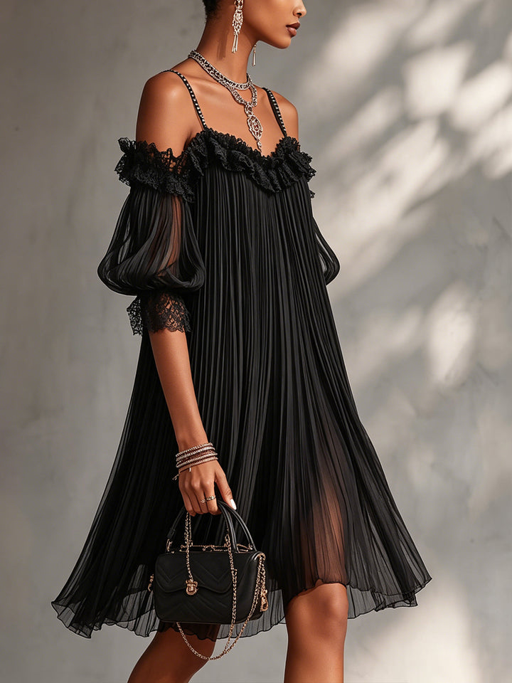 Camille | Black Off-the-Shoulder Chiffon Mini Dress with Lace Trim