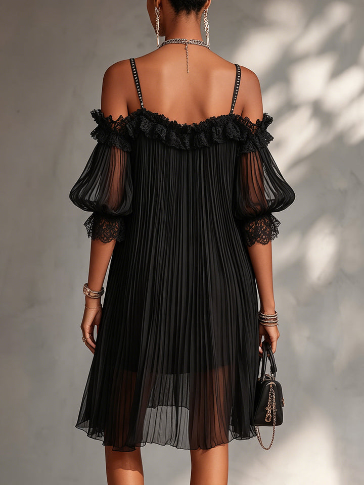 Camille | Black Off-the-Shoulder Chiffon Mini Dress with Lace Trim