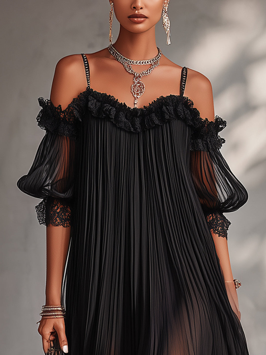 Camille | Black Off-the-Shoulder Chiffon Mini Dress with Lace Trim
