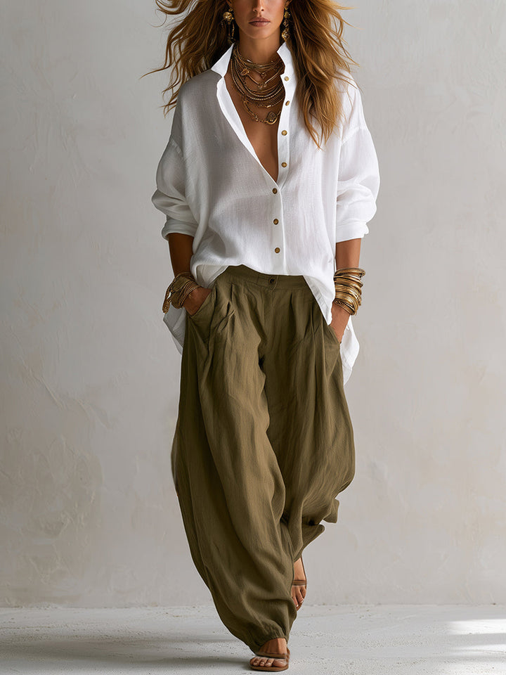 Capucine | Loose White Blouse and Olive Green Lantern Trouser Set