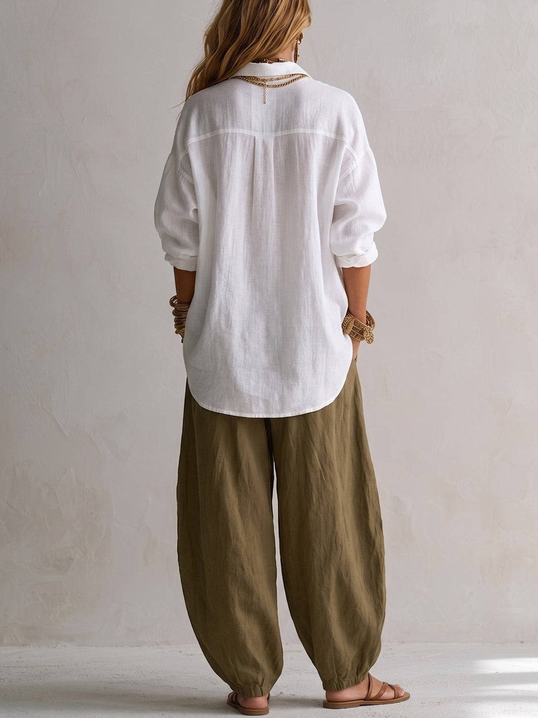 Capucine | Loose White Blouse and Olive Green Lantern Trouser Set