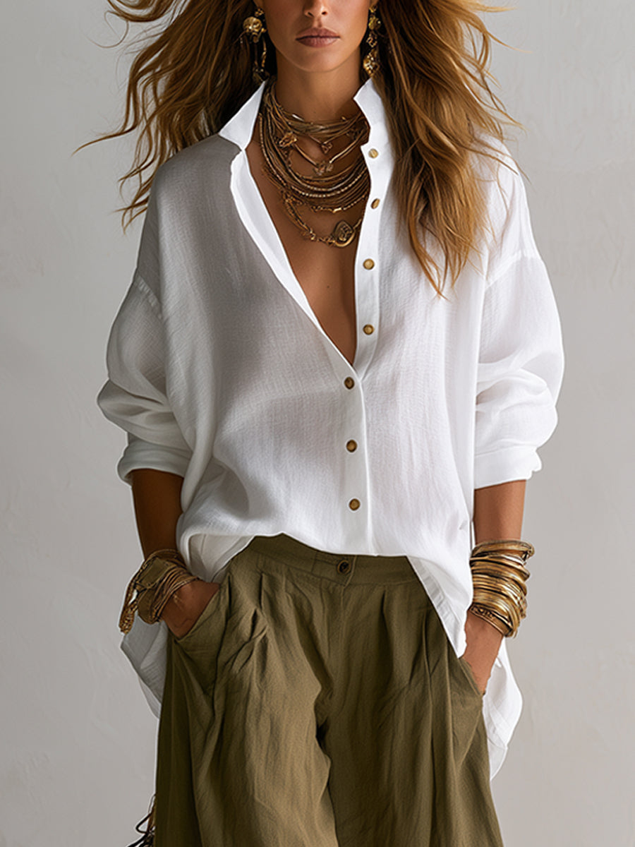 Capucine | Loose White Blouse and Olive Green Lantern Trouser Set