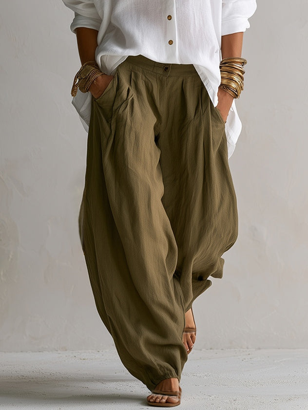 Capucine | Loose White Blouse and Olive Green Lantern Trouser Set