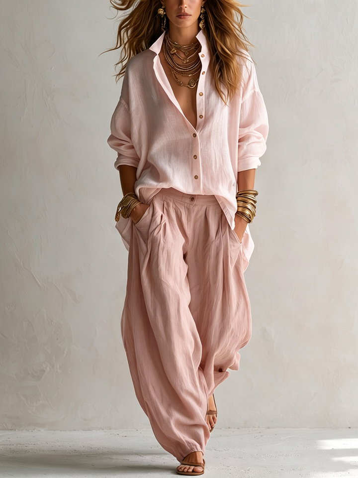 Capucine | Loose White Blouse and Olive Green Lantern Trouser Set
