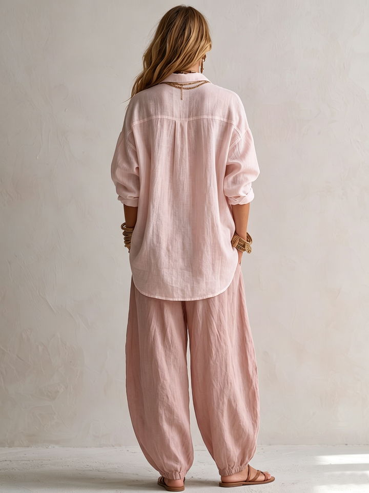 Capucine | Loose White Blouse and Olive Green Lantern Trouser Set