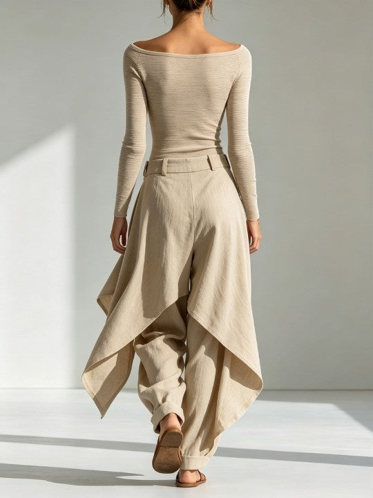 Delphine | Beige Boat-Neck Top and Ruffled Wide-Leg Trouser Set