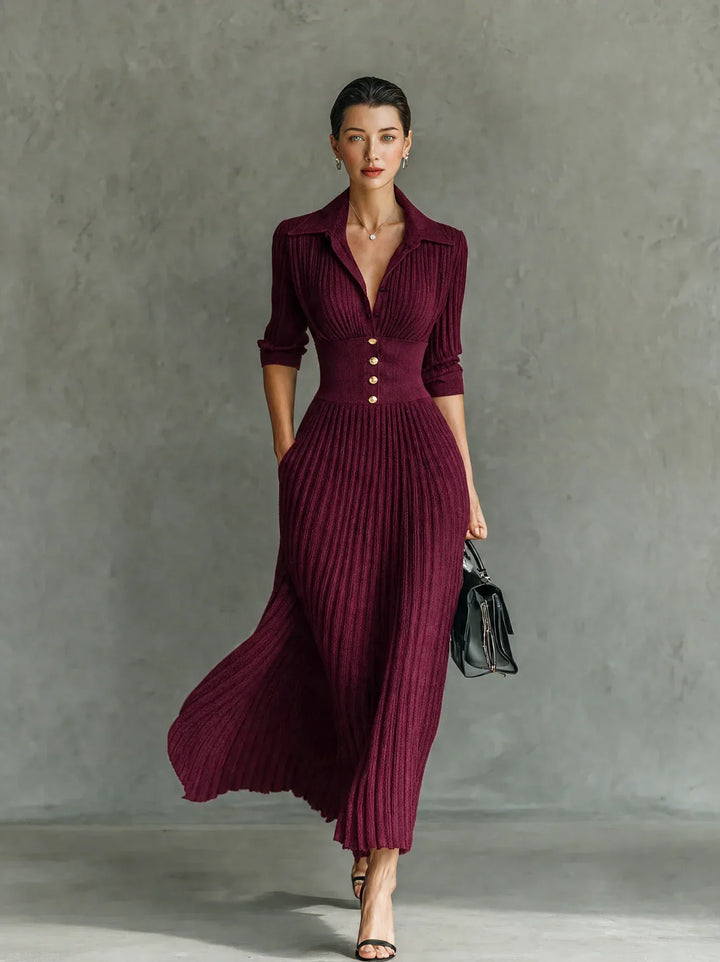 Elvire | Long Pleated Dress with Lapels and High Waist