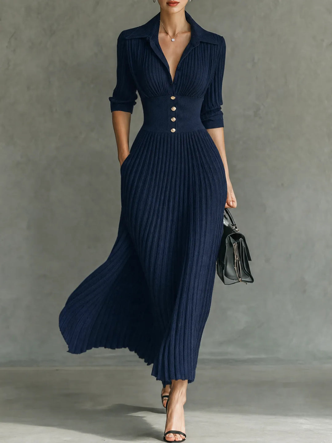 Elvire | Long Pleated Dress with Lapels and High Waist