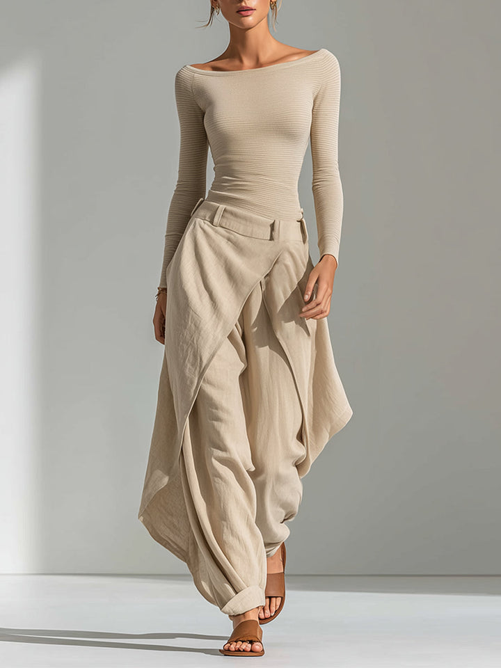 Éveline | Beige Boat-Neck Top and Ruffled Wide-Leg Trouser Set