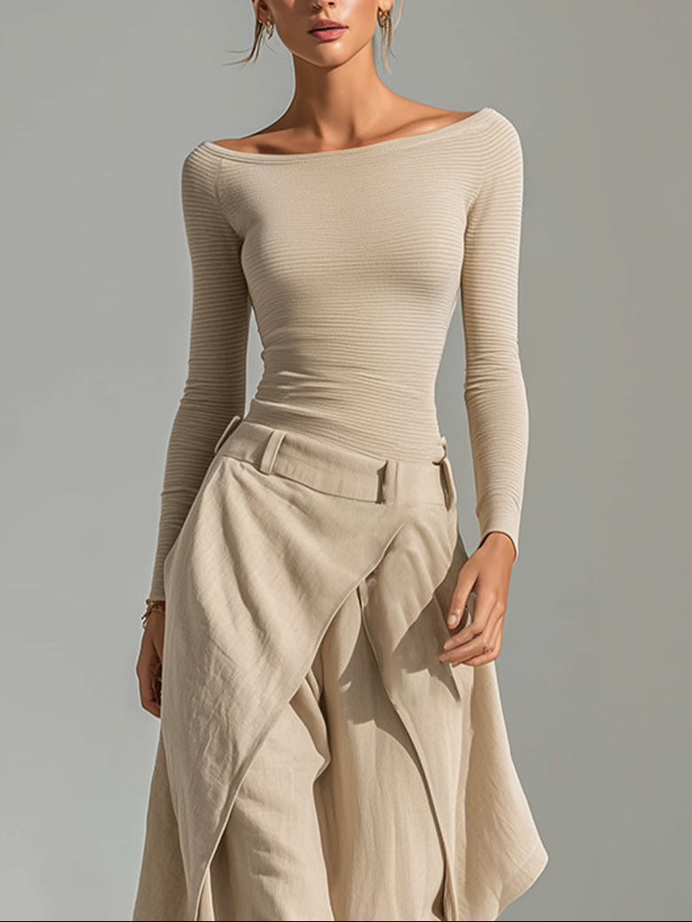 Éveline | Beige Boat-Neck Top and Ruffled Wide-Leg Trouser Set