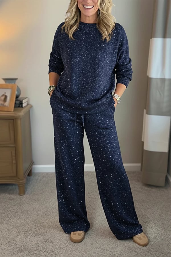Women's Shiny Casual Set — Two-Piece Round-Neck Trouser Suit