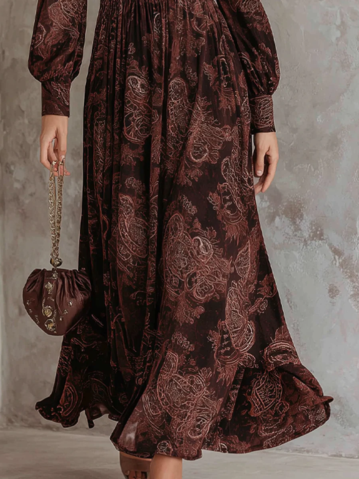 Oriane | High-Waist Zip Maxi Dress in Brown Paisley Print