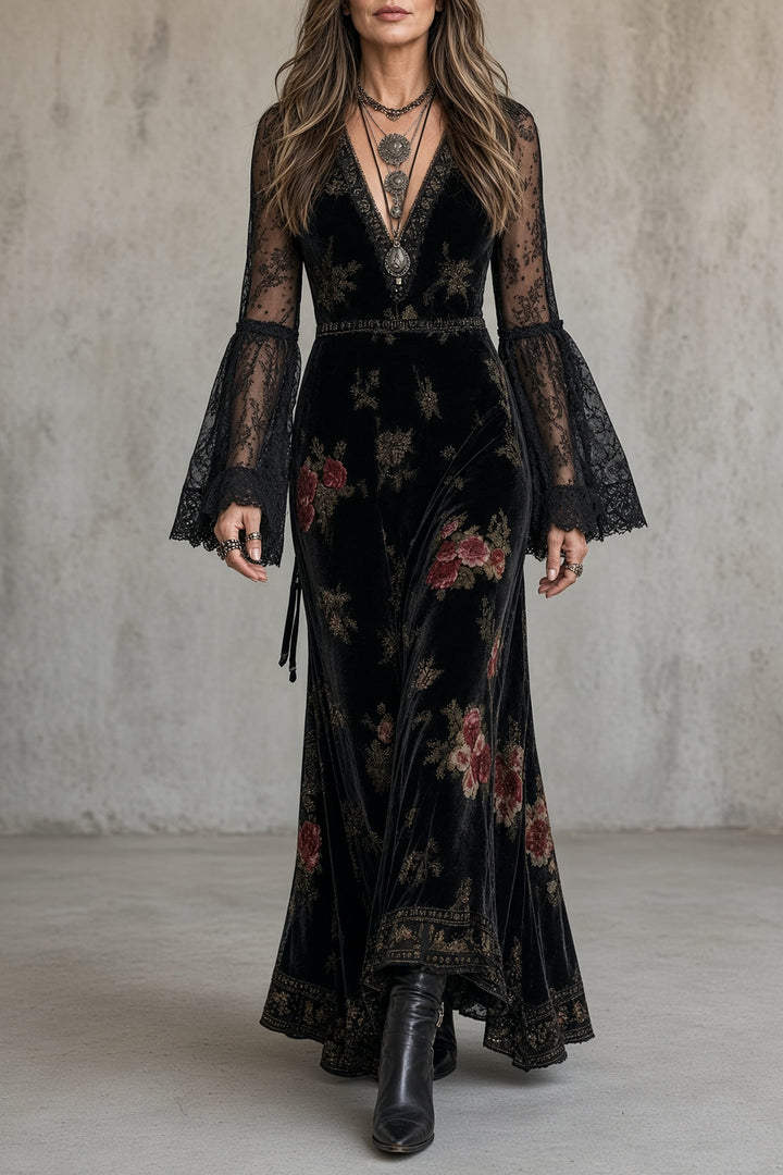 Eugenia | Velvet Floral Print Maxi Dress