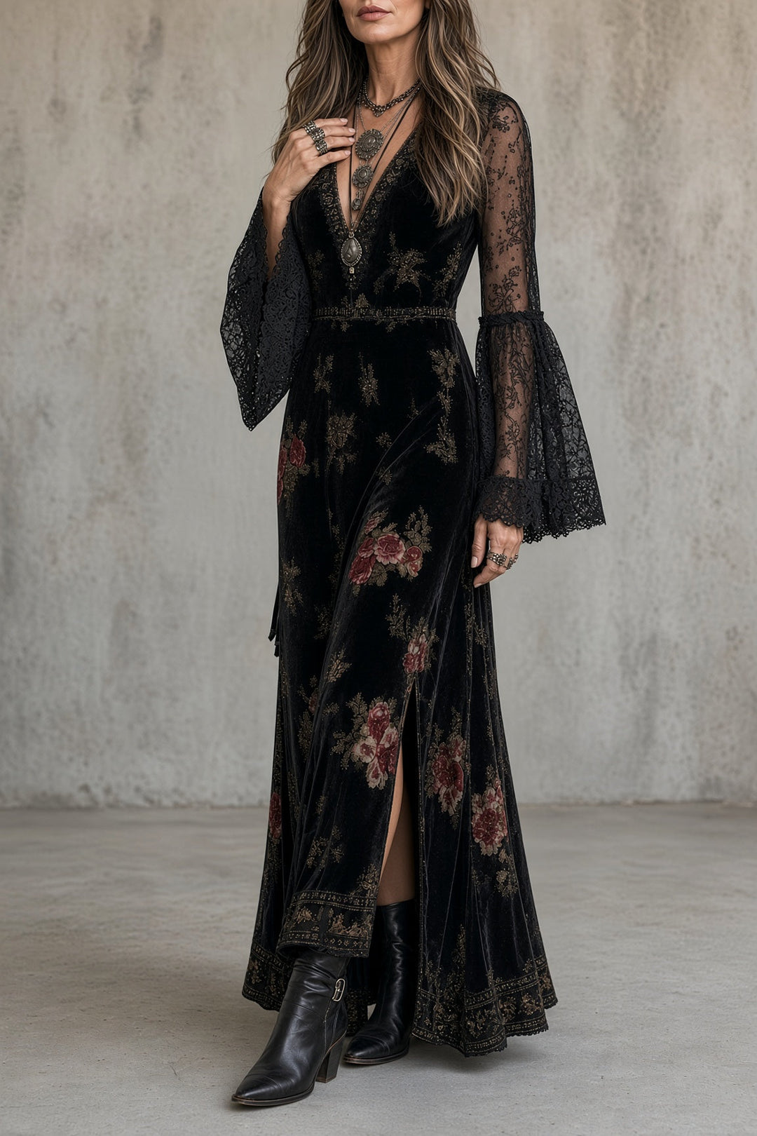 Eugenia | Velvet Floral Print Maxi Dress