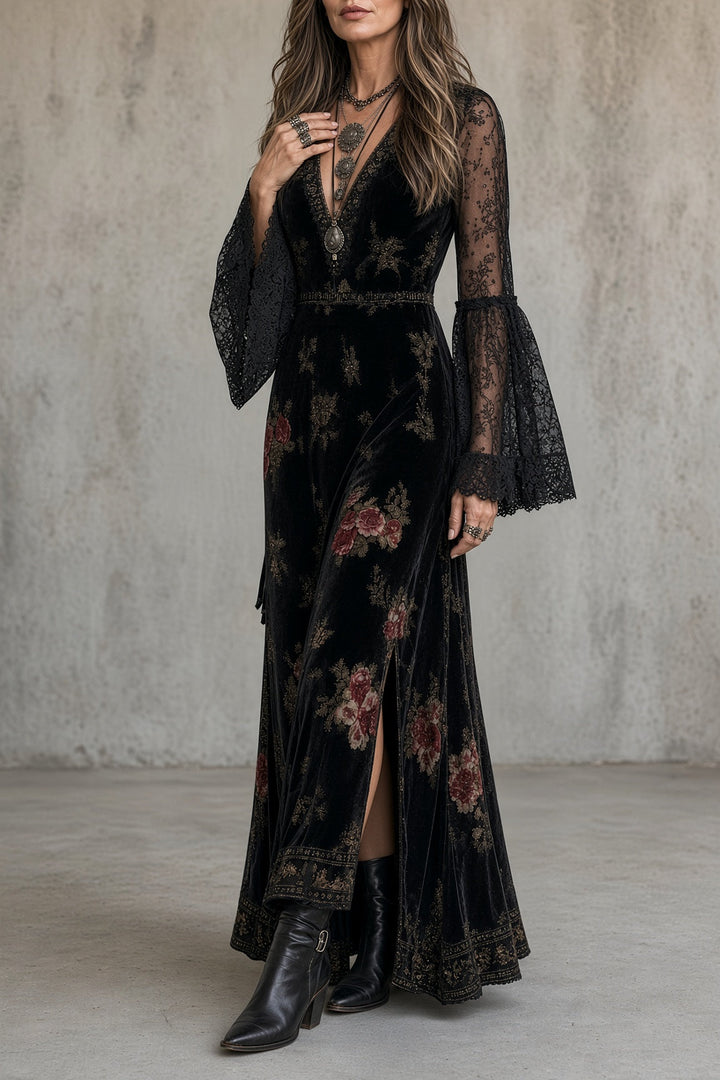 Eugenia | Velvet Floral Print Maxi Dress