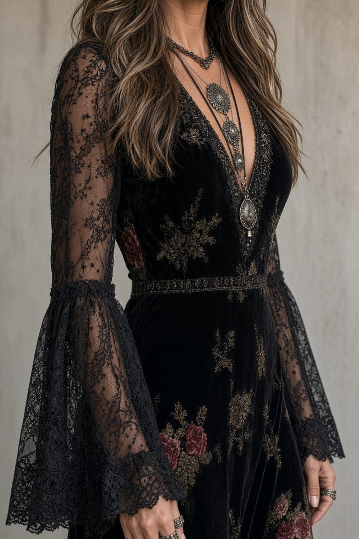 Eugenia | Velvet Floral Print Maxi Dress