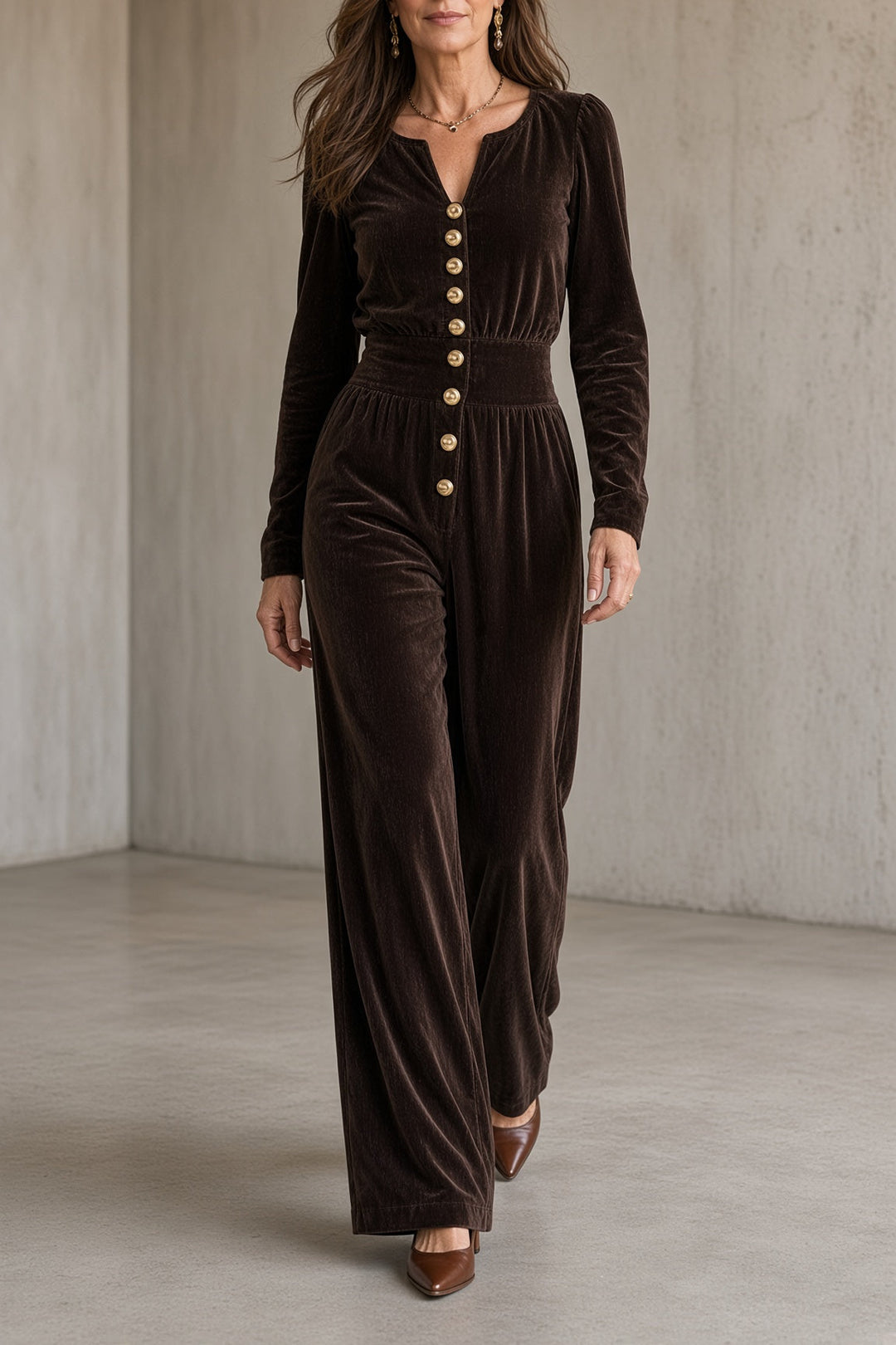 Berenice | Velour Jumpsuit with Gold Buttons