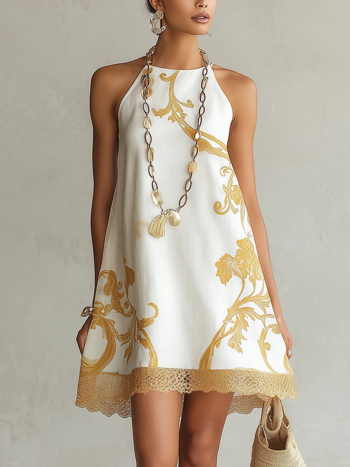 Héloïse | White Lace Mini Dress with Gold Motifs