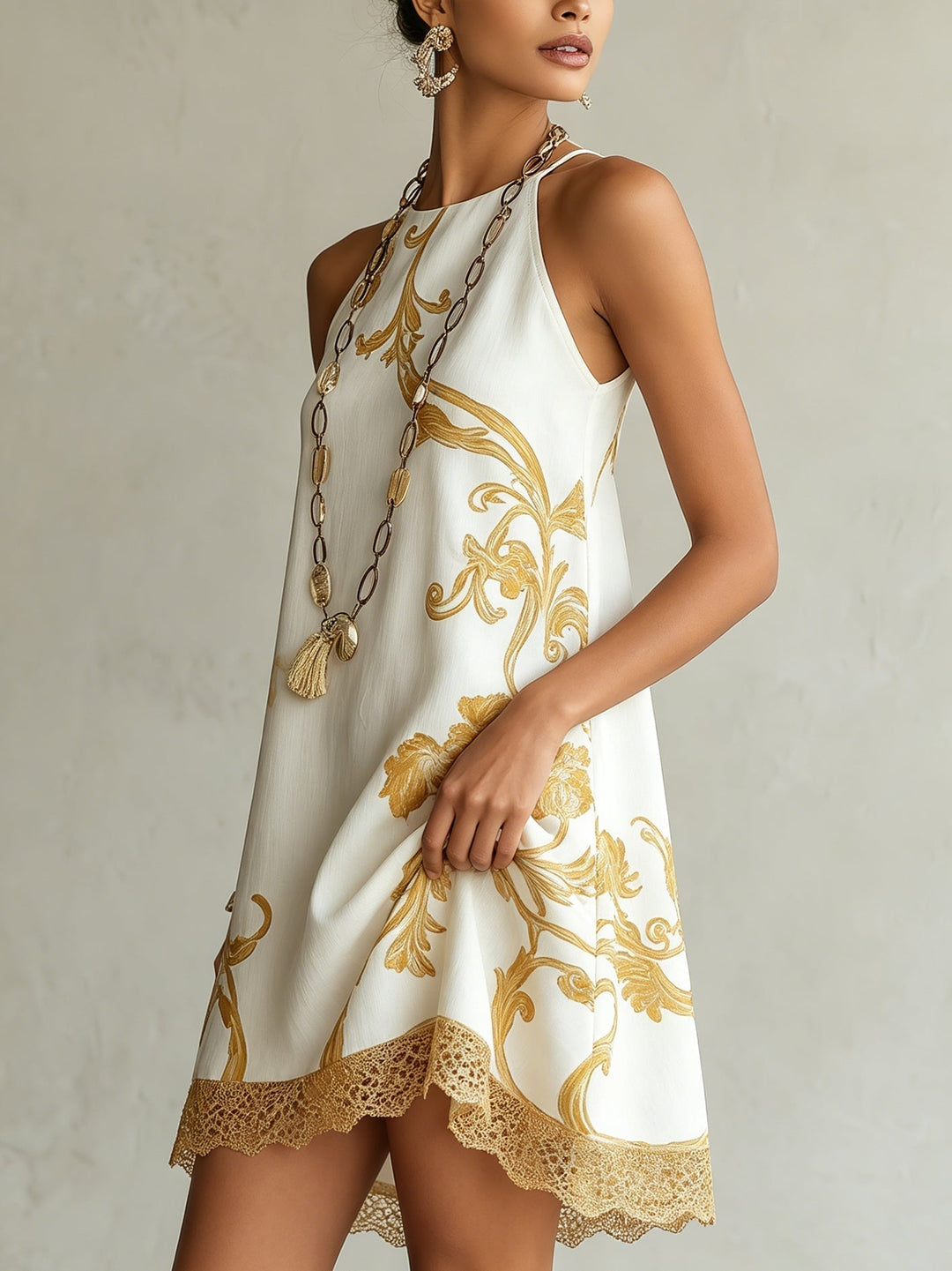 Héloïse | White Lace Mini Dress with Gold Motifs