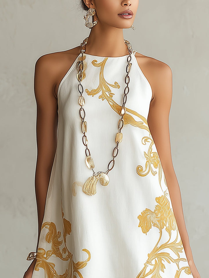 Héloïse | White Lace Mini Dress with Gold Motifs