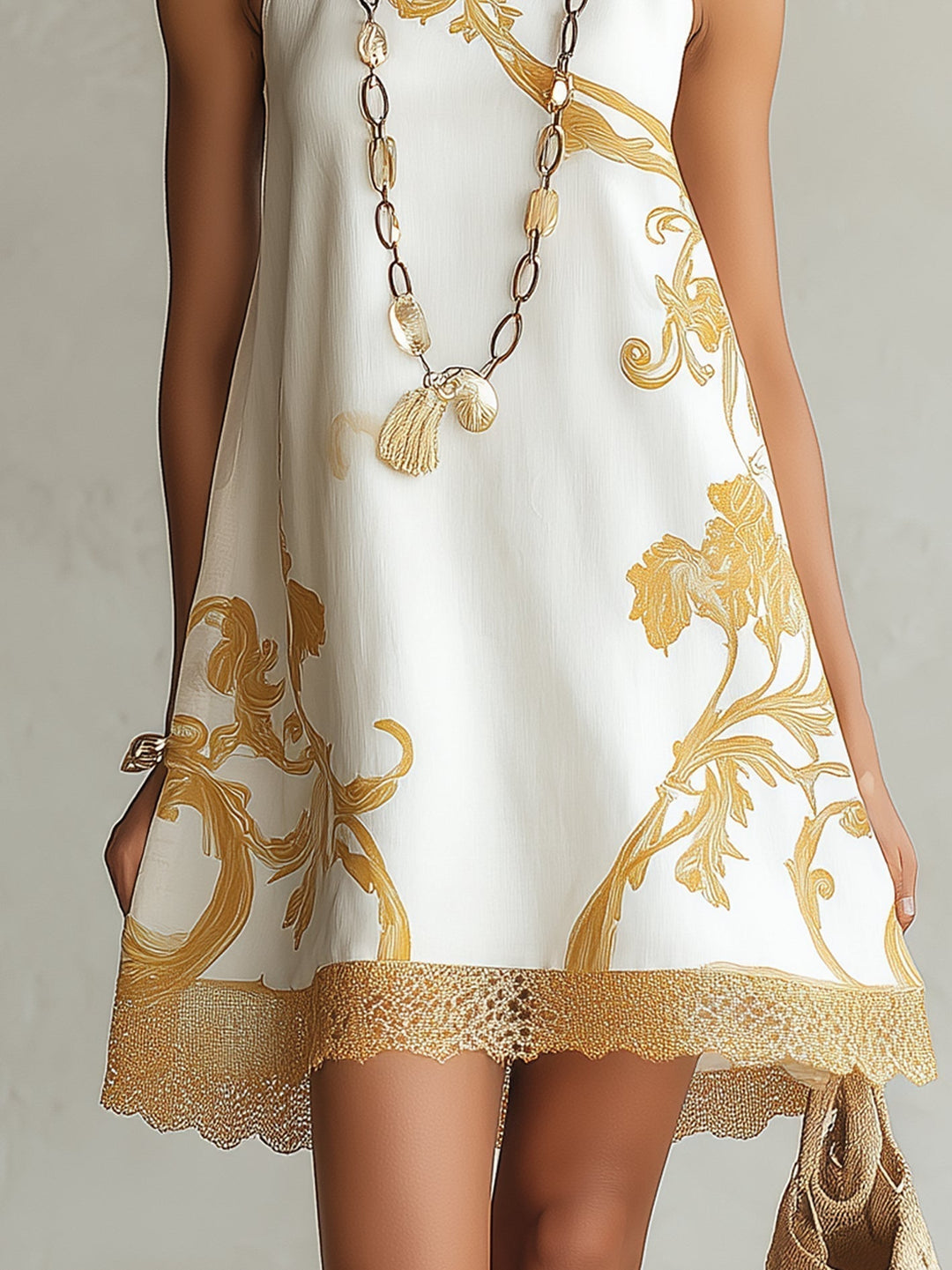 Héloïse | White Lace Mini Dress with Gold Motifs