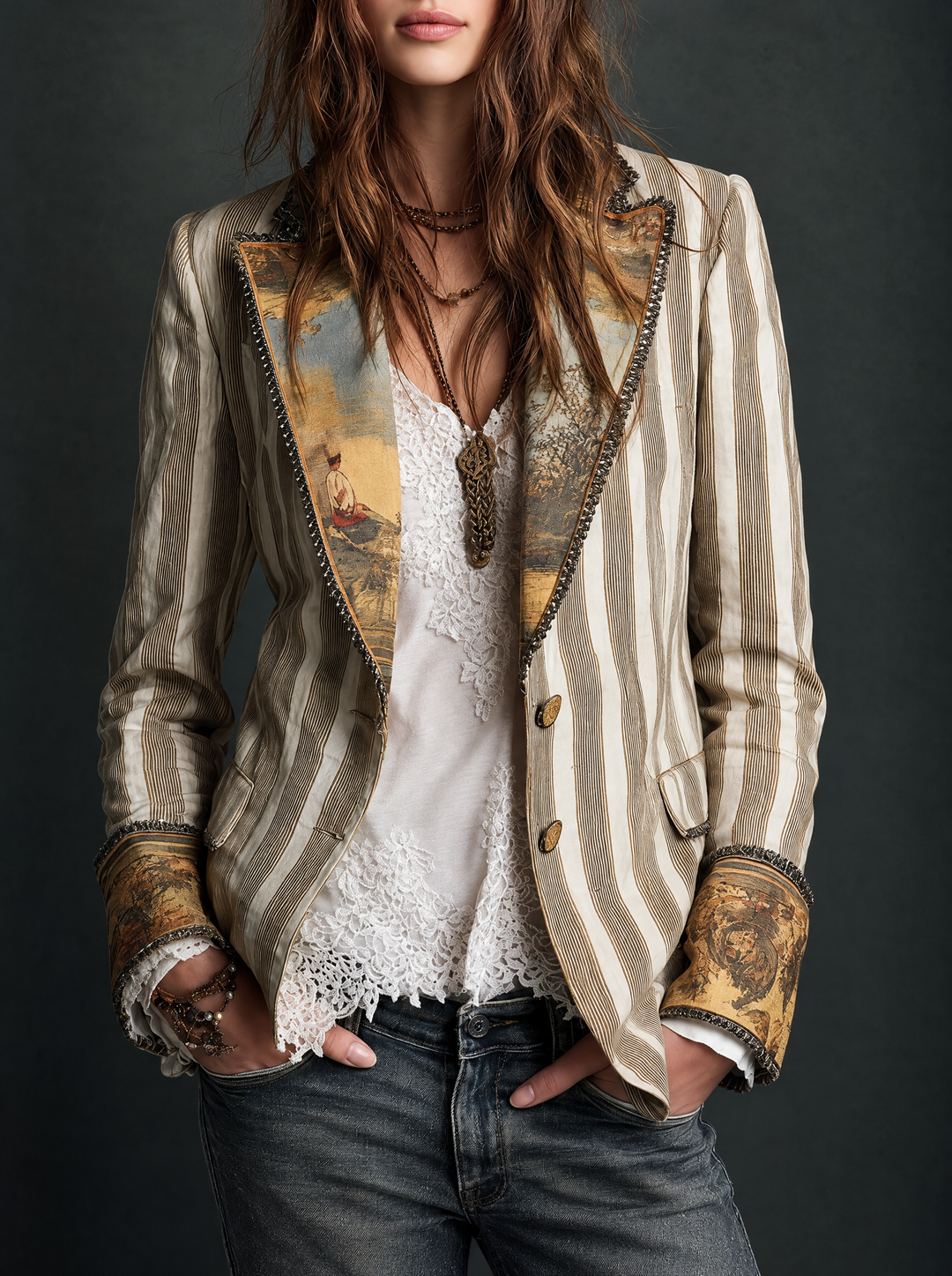 Suzanne | Bohemian Striped Blazer with Printed Collar