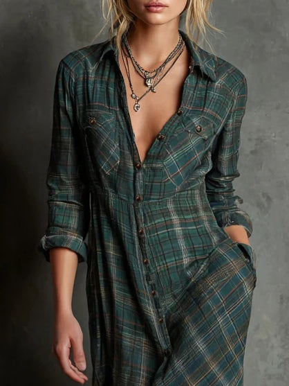 Margaux | Long Green Check Shirt Dress
