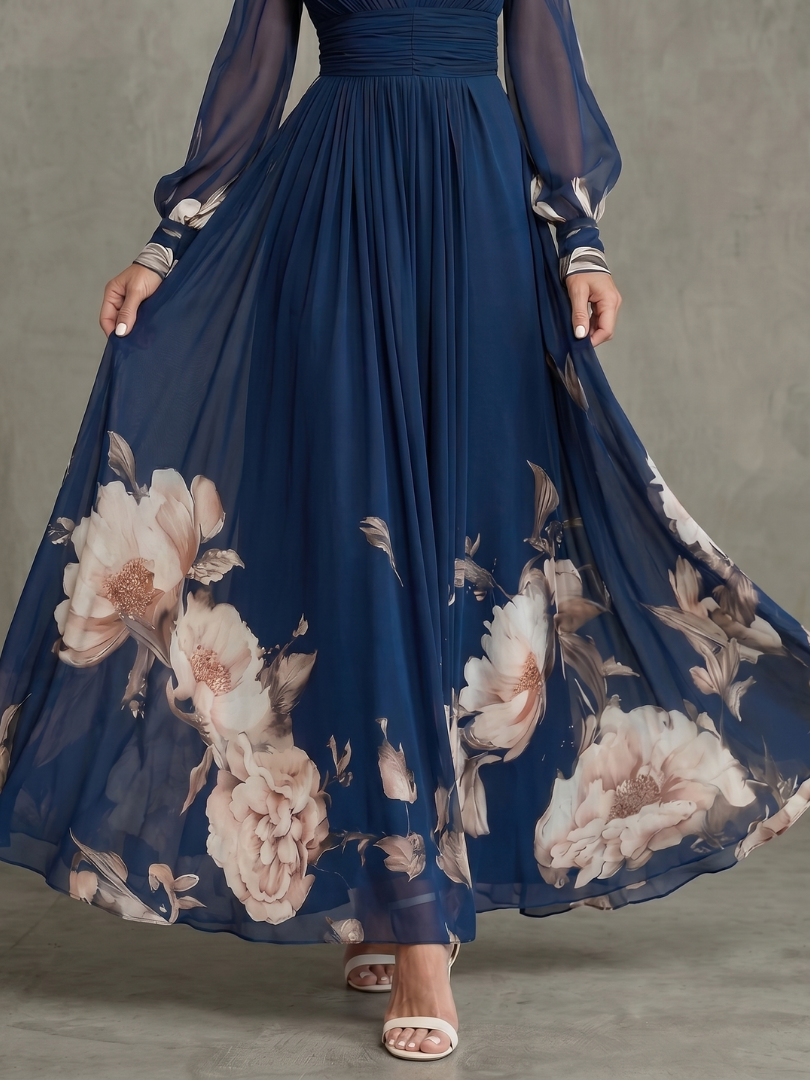 Maude | Autumn Dress with Floral Border and Sheer Sleeves