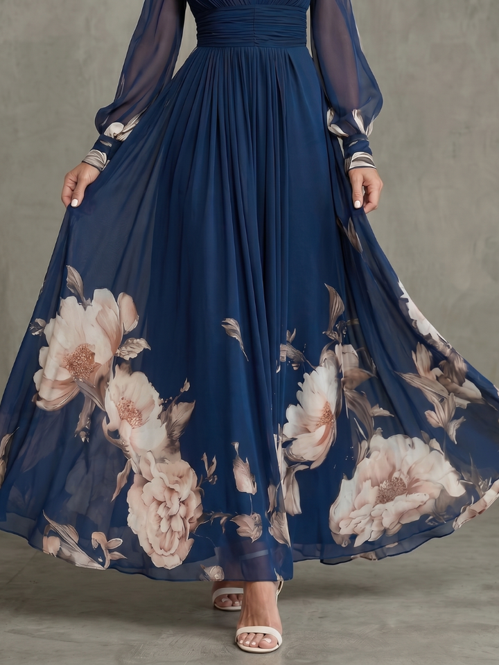 Maude | Autumn Dress with Floral Border and Sheer Sleeves
